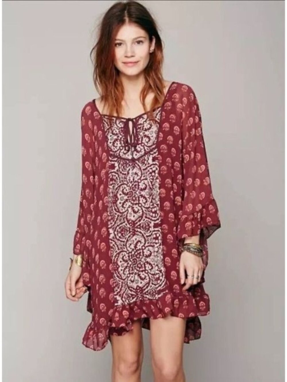Free People Paisley Chiffon Flutter Sleeve Mini Cape Dress M | Dark Cottagecore